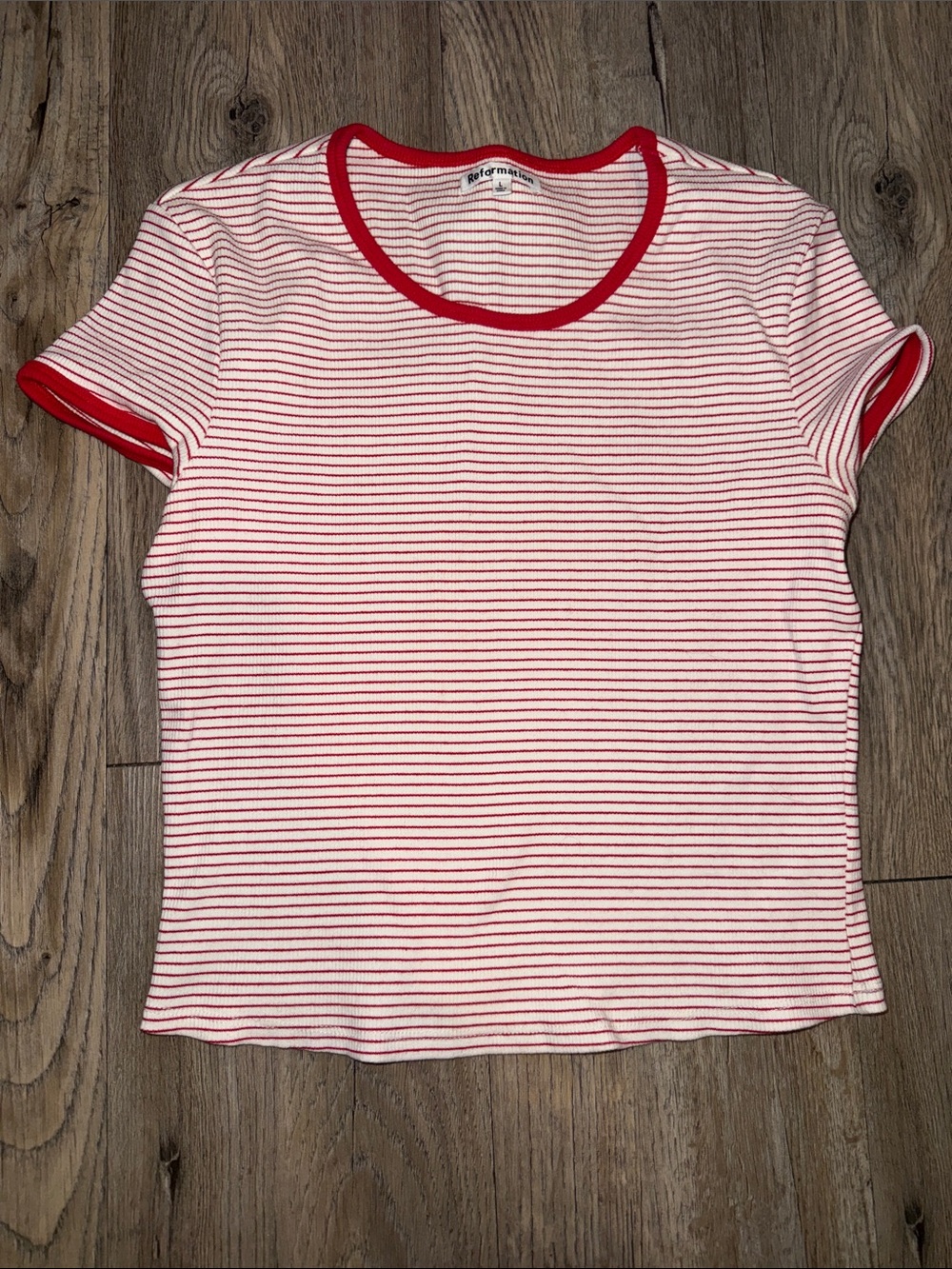 Reformation Striped Crewneck Tee with Red Trim